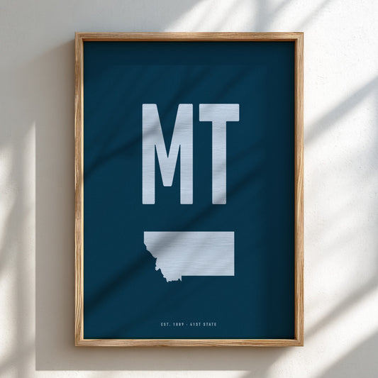Framed poster with 'MT' and a map of Montana on a blue background