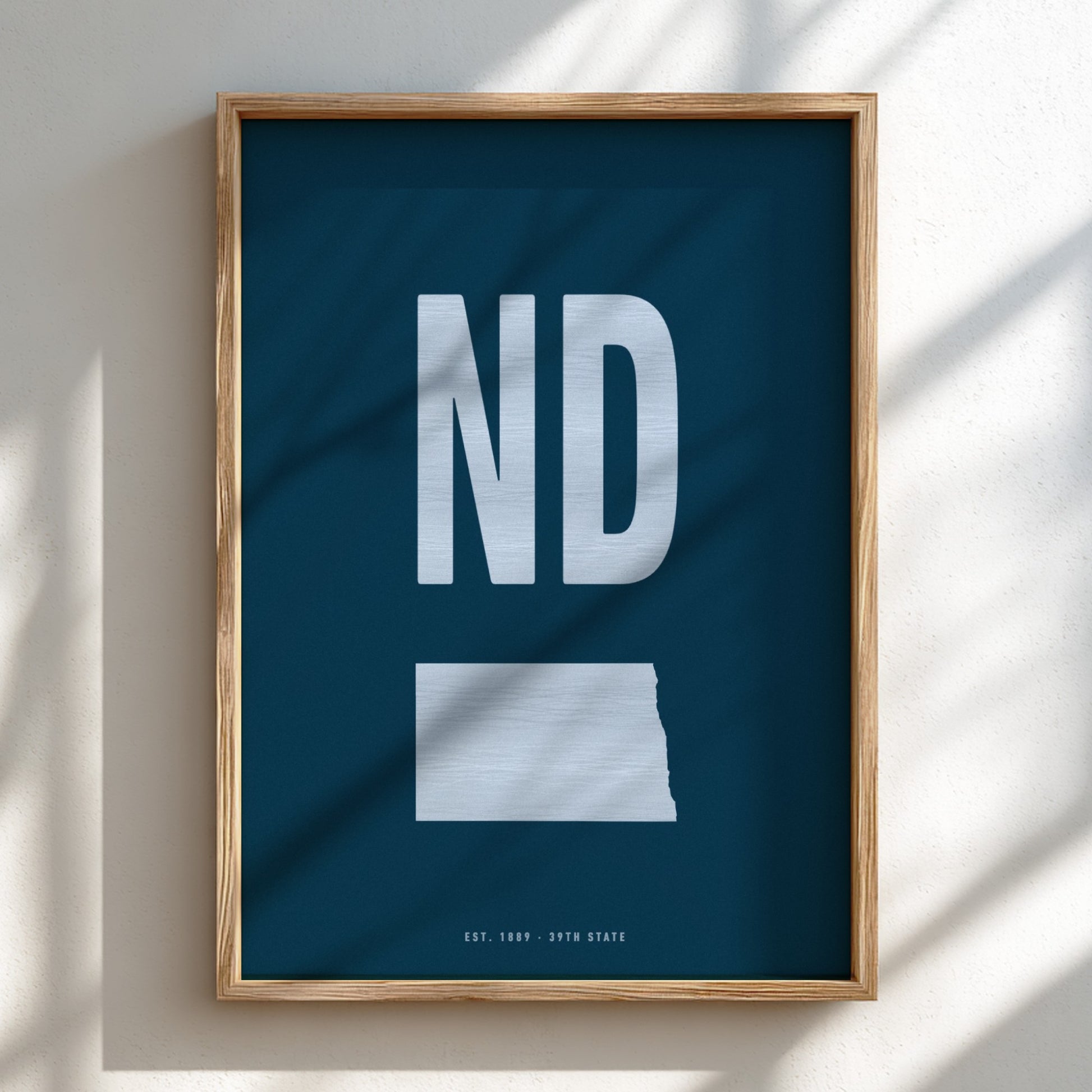 Framed poster with 'ND' and a map of North Dakota on a blue background