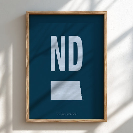 Framed poster with 'ND' and a map of North Dakota on a blue background