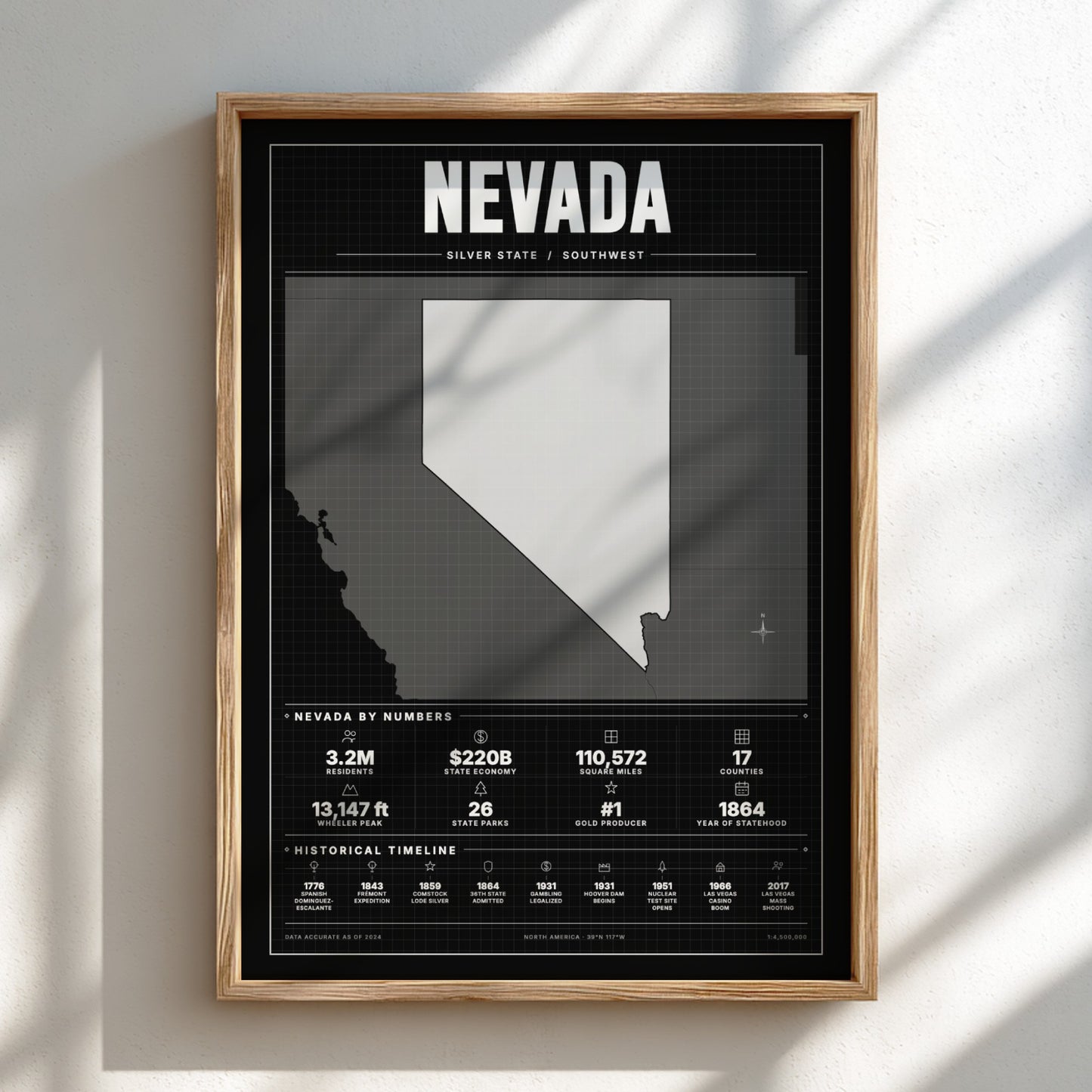 Framed poster of Nevada with state outline and statistics on a black background