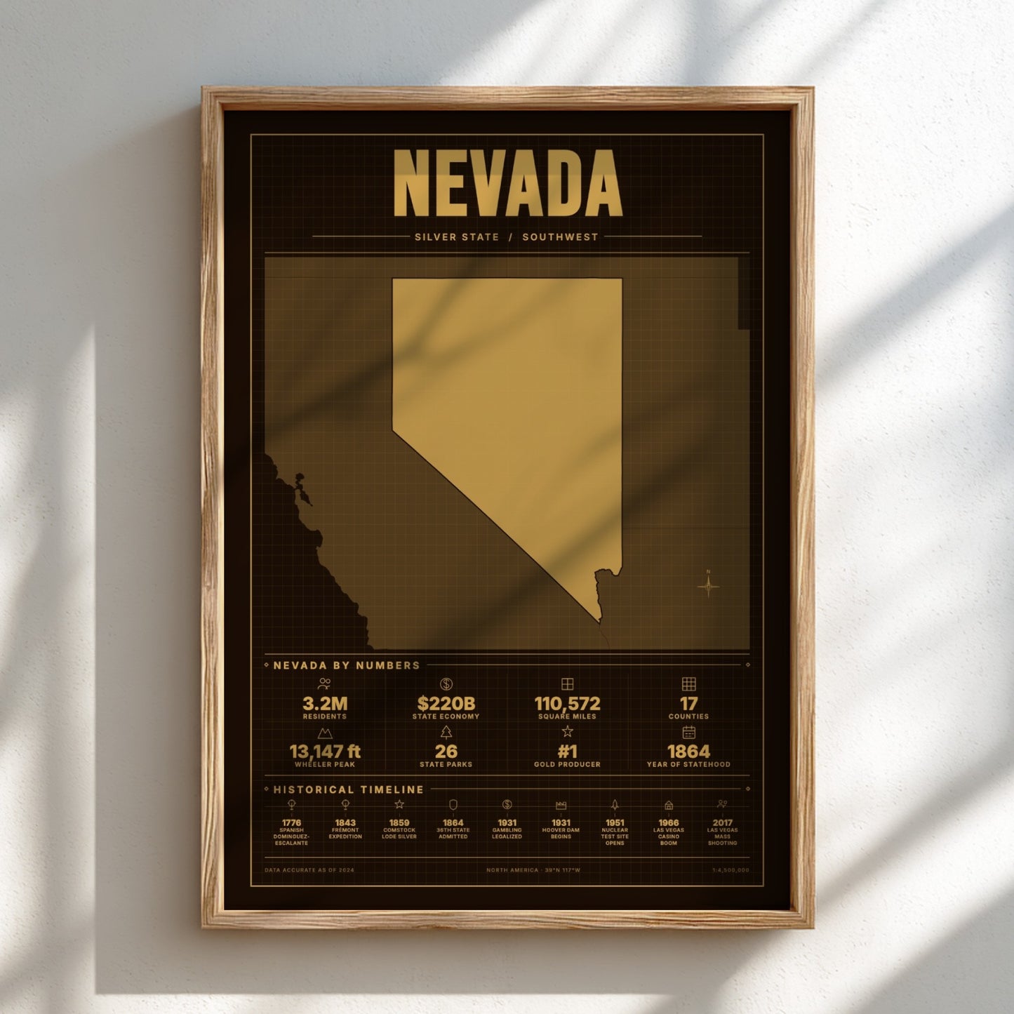 Framed poster of Nevada with gold and black design on a white wall.