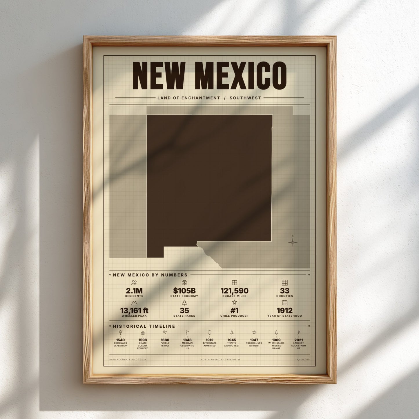 Framed poster of New Mexico with wooden frame on a light background