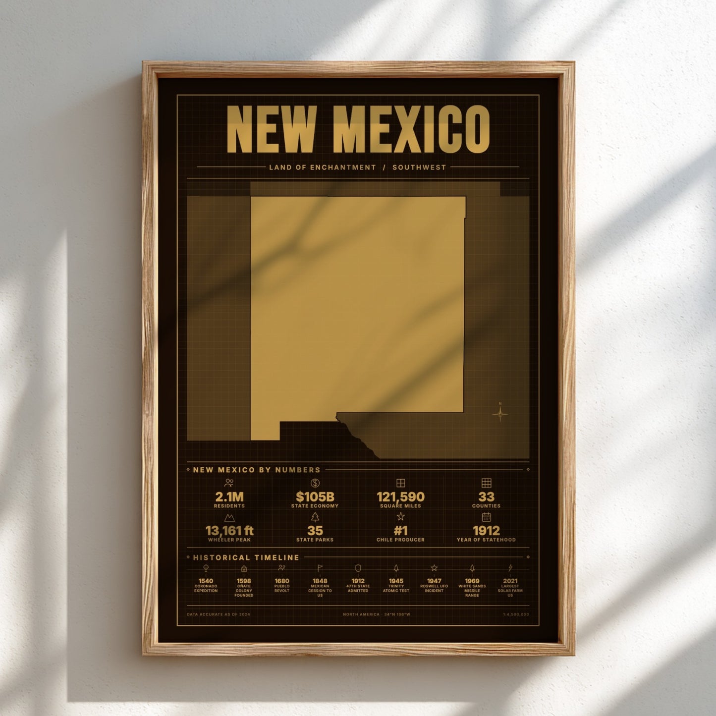 Framed poster of New Mexico with gold and black design on a white wall.