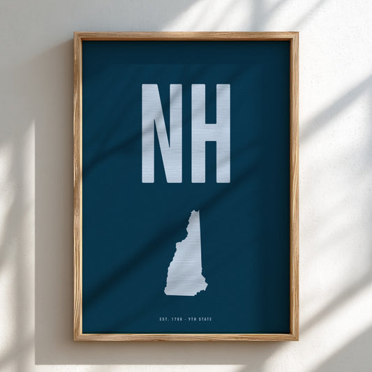 Framed poster with 'NH' on a blue background