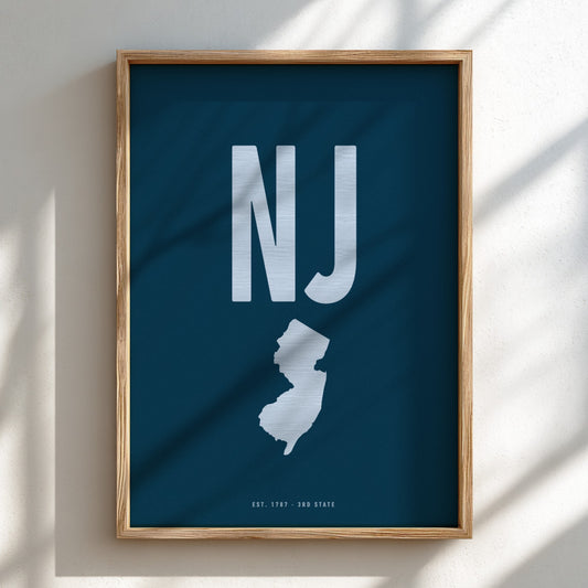 Framed poster with 'NJ' and outline of New Jersey on a blue background
