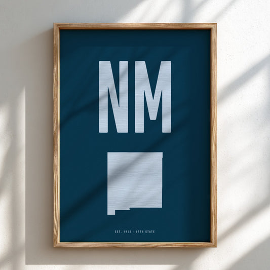 Framed poster with 'NM' and a map of New Mexico on a blue background