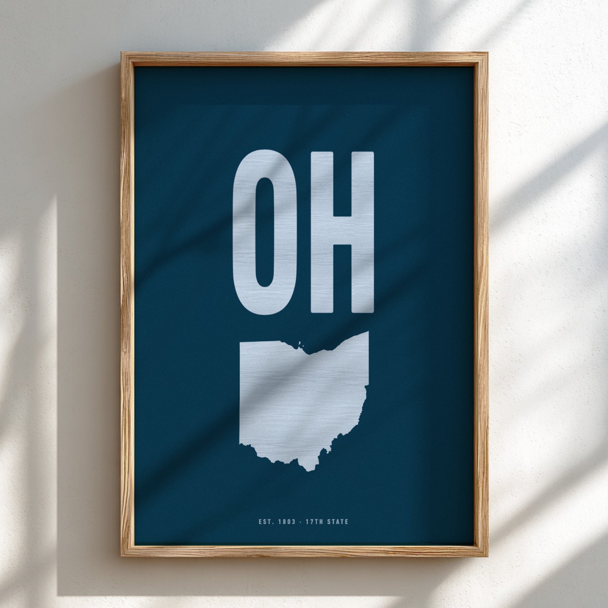 Framed poster with 'OH' and outline of Ohio on a blue background