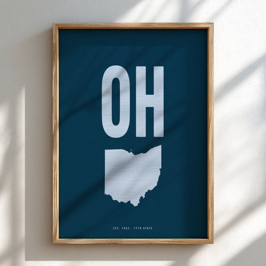 Framed poster with 'OH' and outline of Ohio on a blue background
