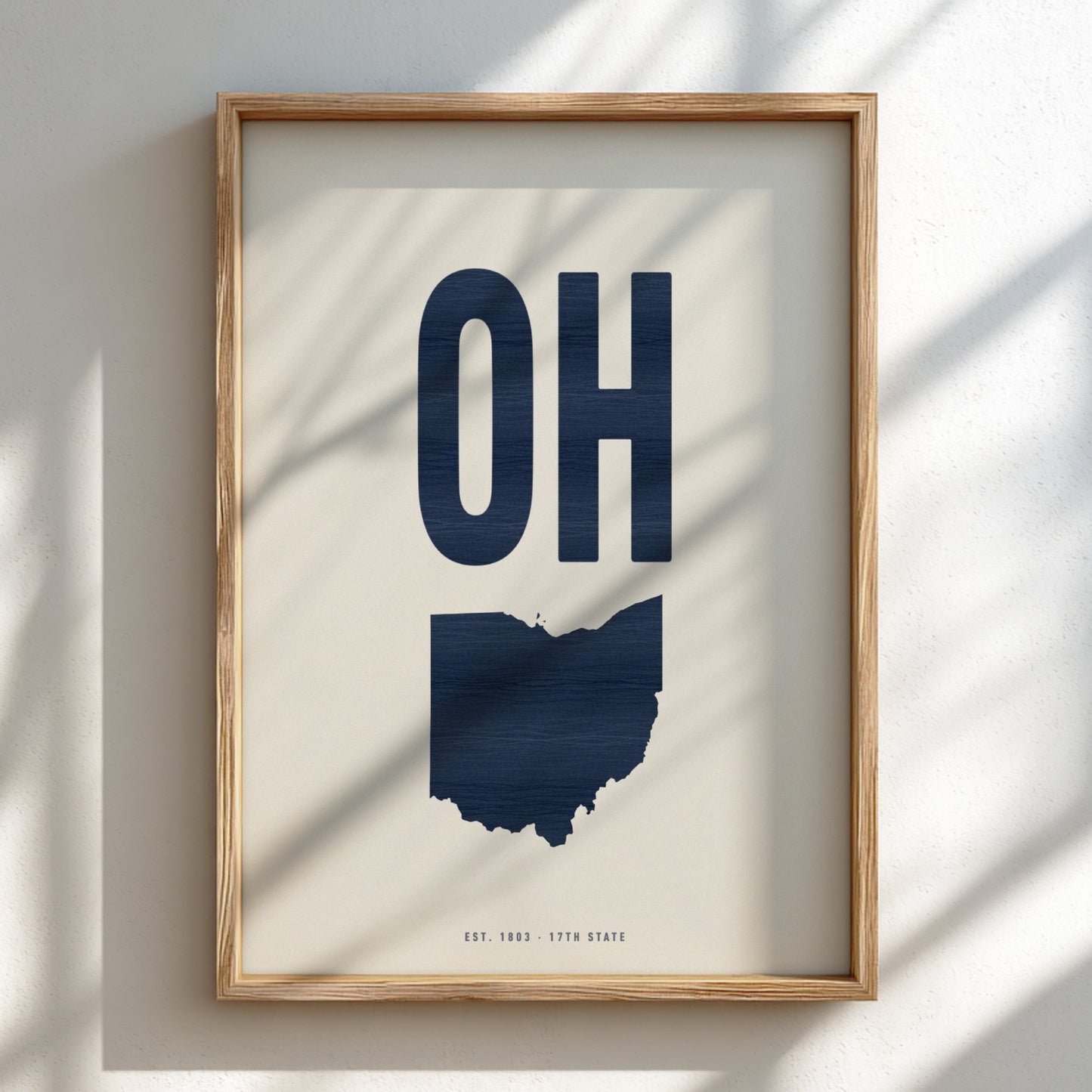 Framed artwork with 'OH' and map of Ohio on a light background