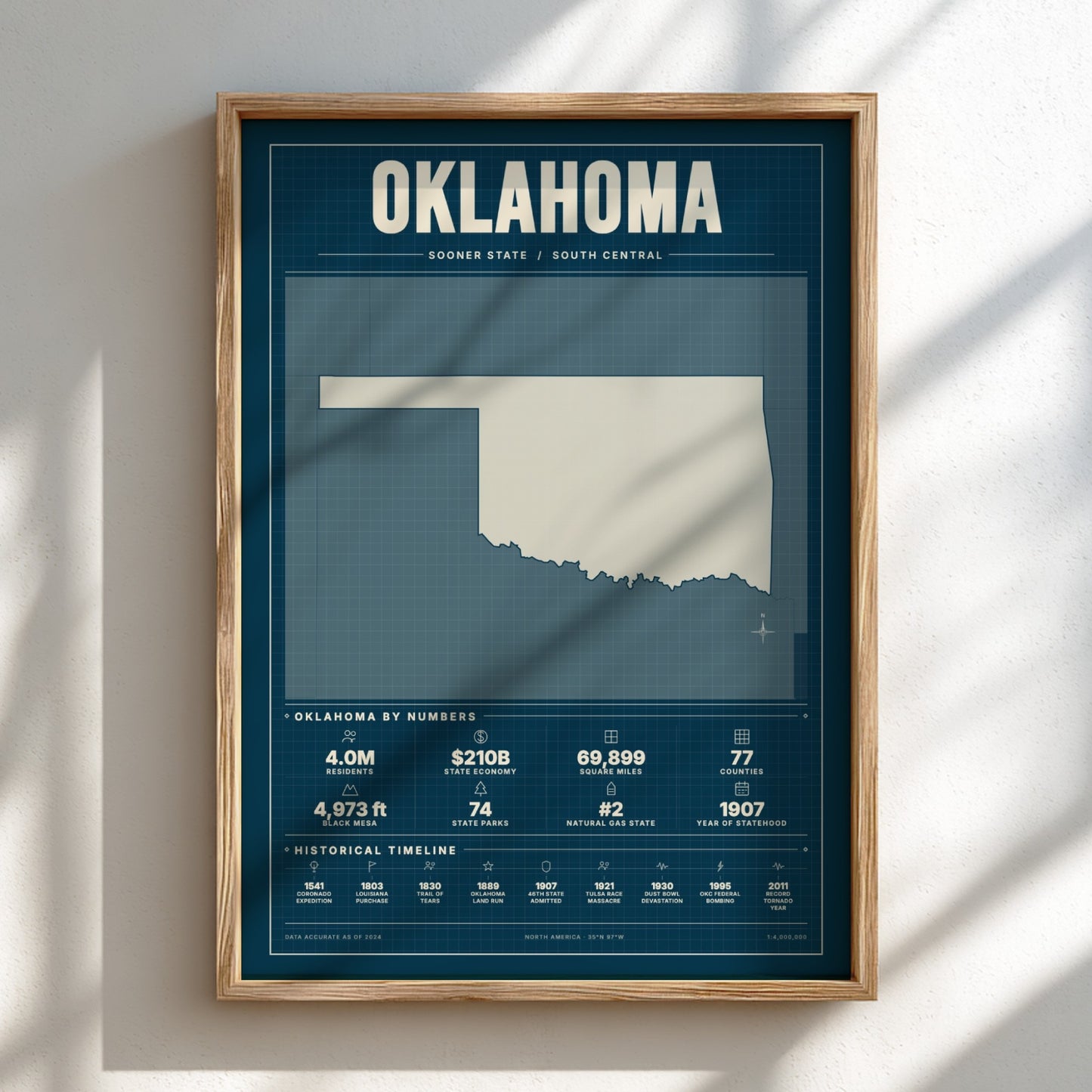 Framed map of Oklahoma on a white wall