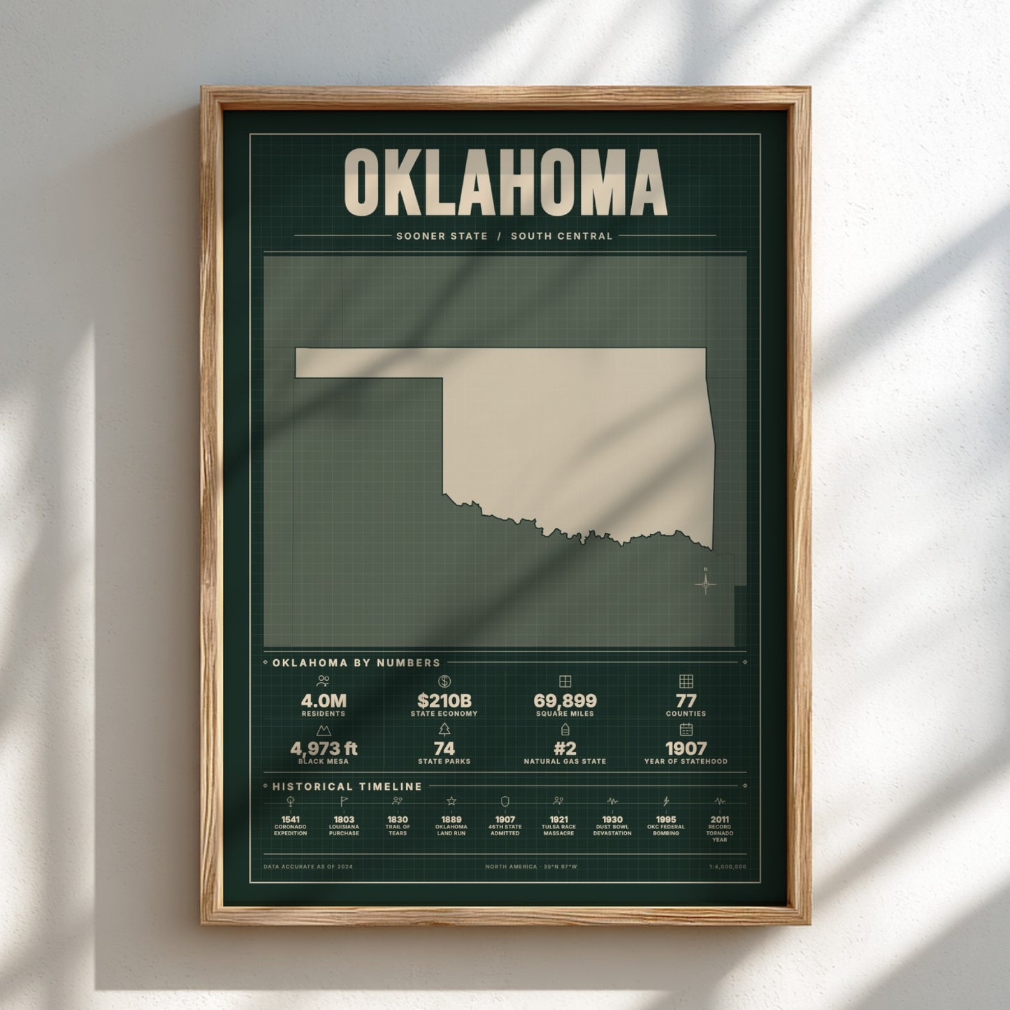 Framed map of Oklahoma on a light background