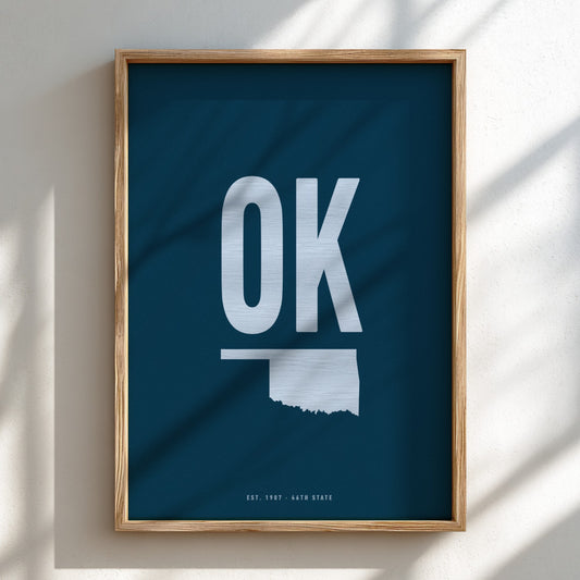 Framed poster with 'OK' and outline of Oklahoma on a blue background