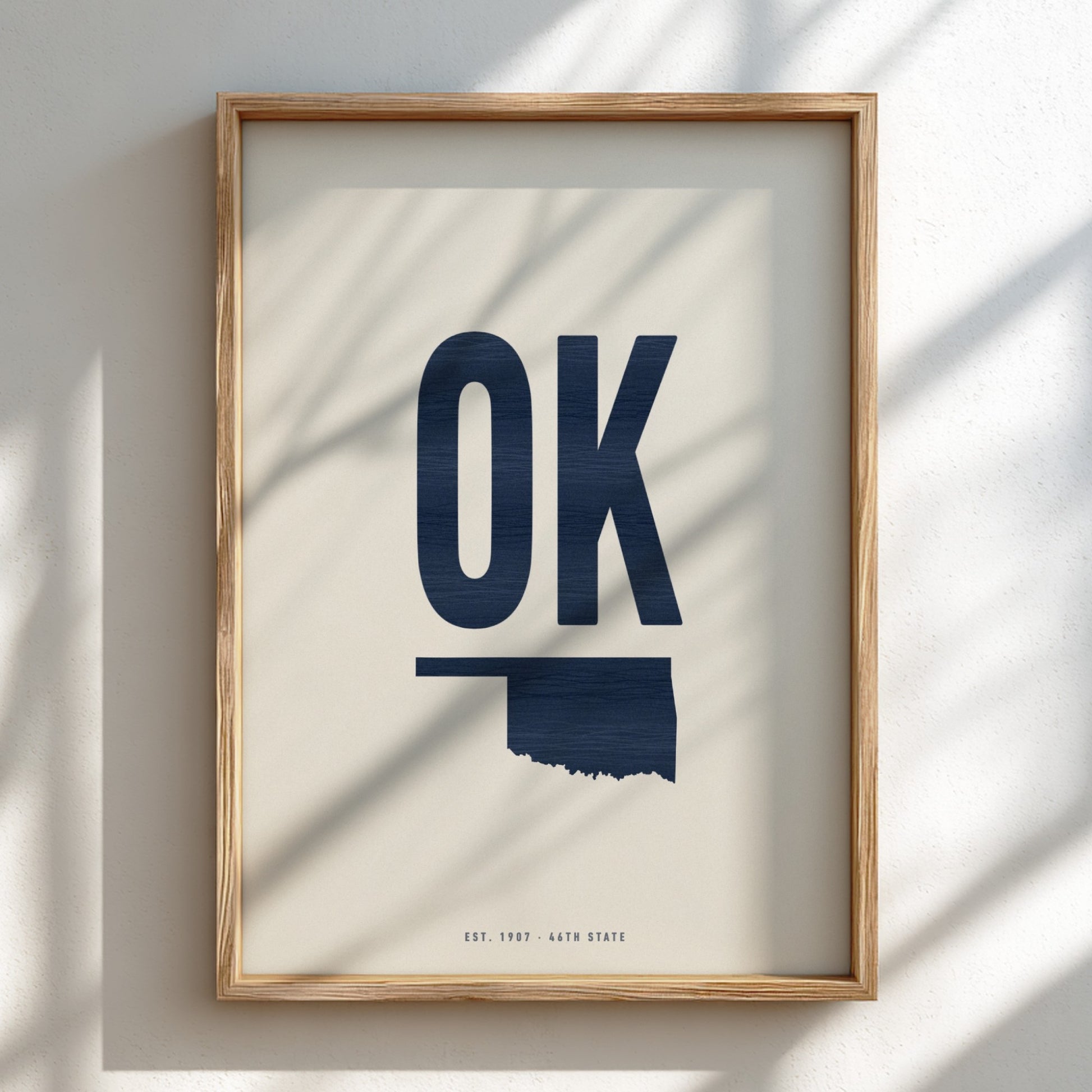 Framed poster with 'OK' and outline of Oklahoma on a light background