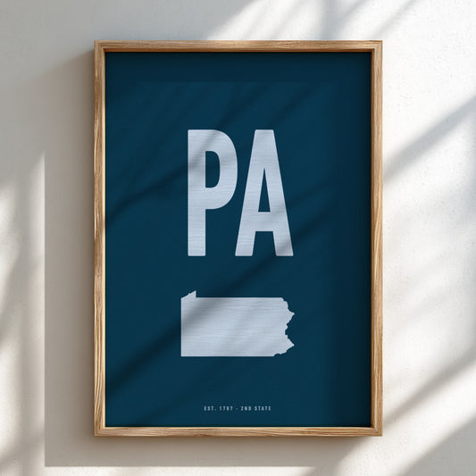Framed poster with 'PA' and outline of Pennsylvania on a blue background