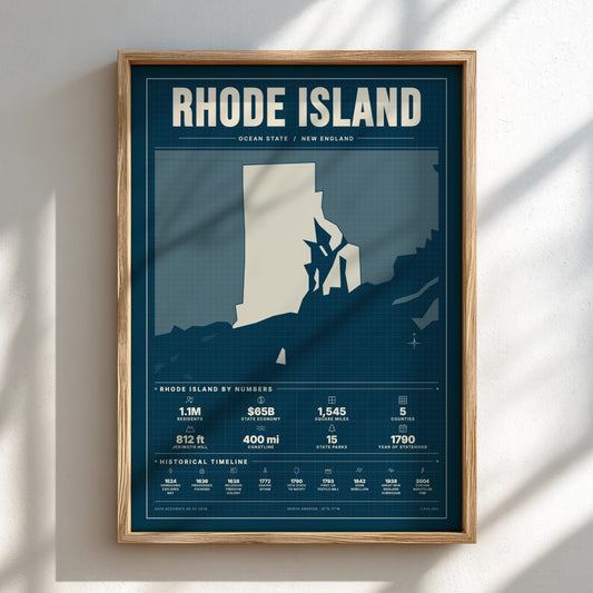 Framed map of Rhode Island on a white wall