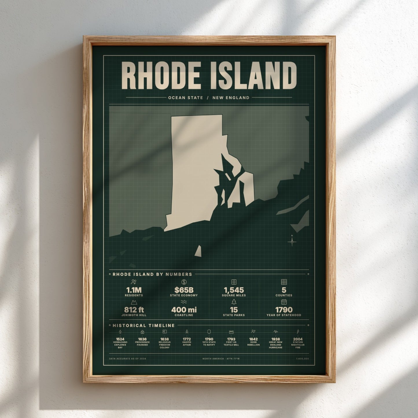 Framed poster of Rhode Island with a map and statistics on a light background