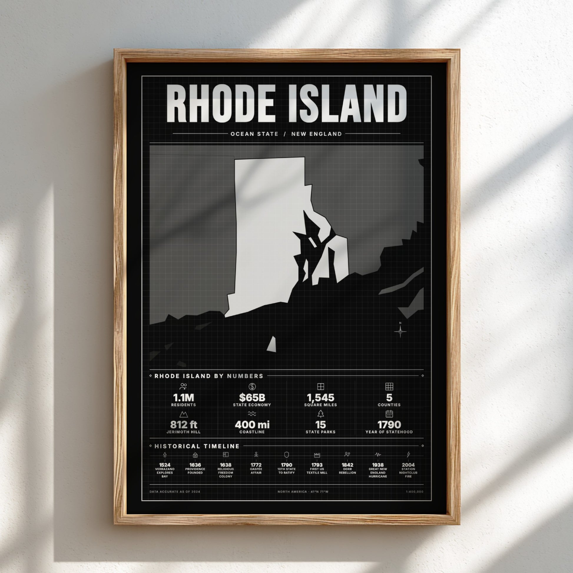 Framed poster of Rhode Island with black and white design on a light background