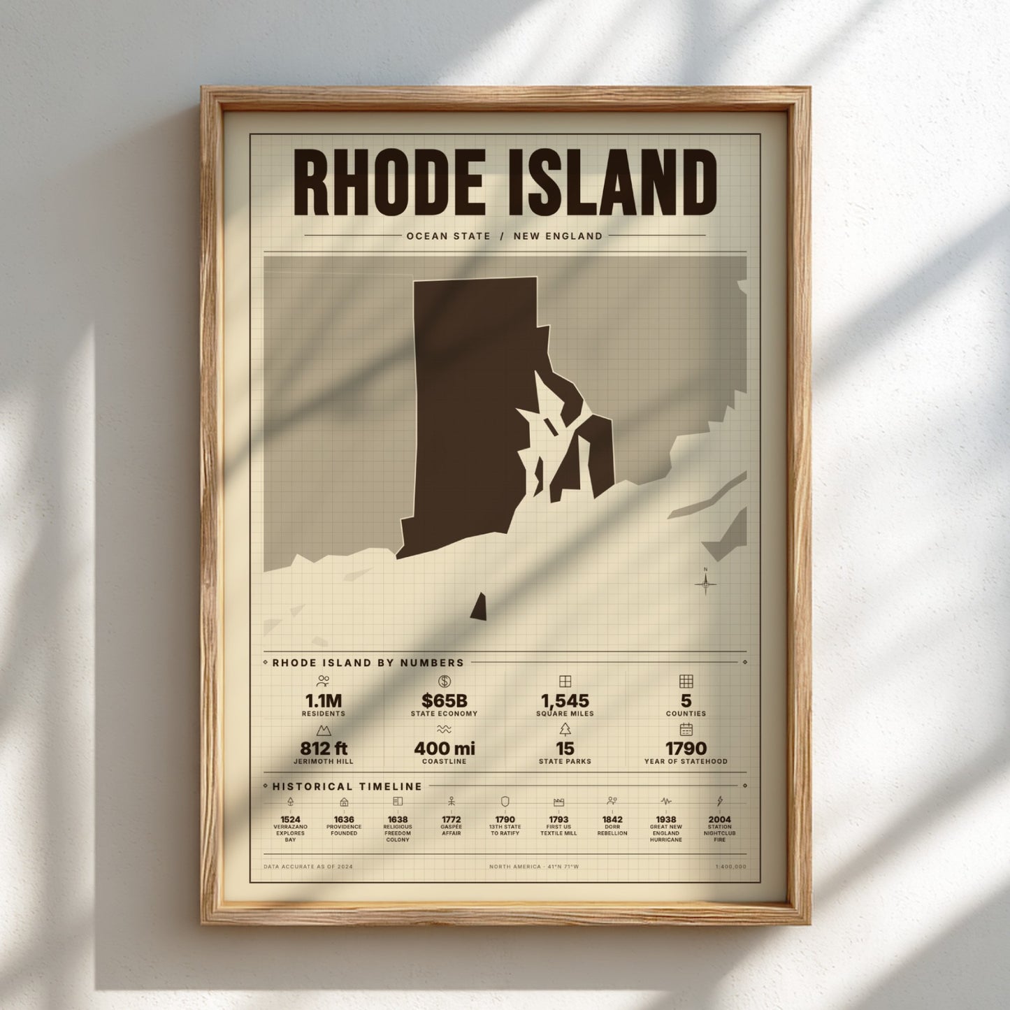 Framed map of Rhode Island on a light background