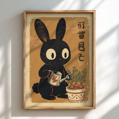 A framed vintage-style art print featuring a black rabbit watering a potted plant, displayed on a light wall with soft diagonal shadows.