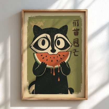 A framed art print featuring a stylized black-and-white raccoon eating a slice of watermelon, with vertical Chinese characters on the right, displayed on a light wall with soft window shadows.