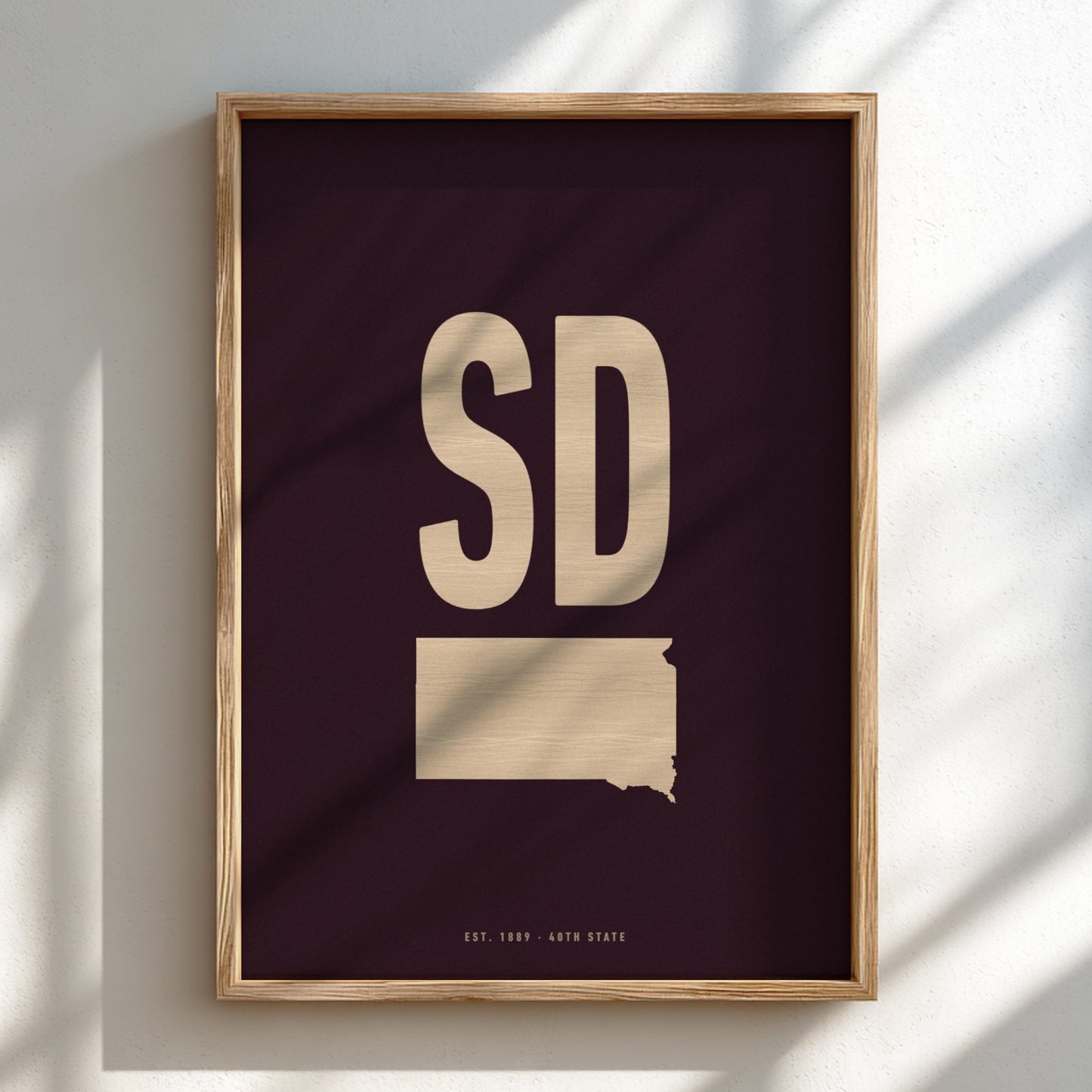 Framed artwork with 'SD' and state outline on a dark background