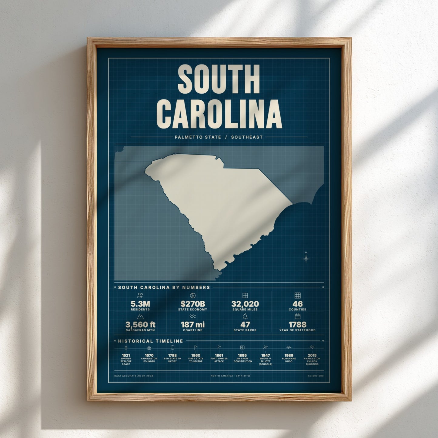 Framed map of South Carolina on a white wall
