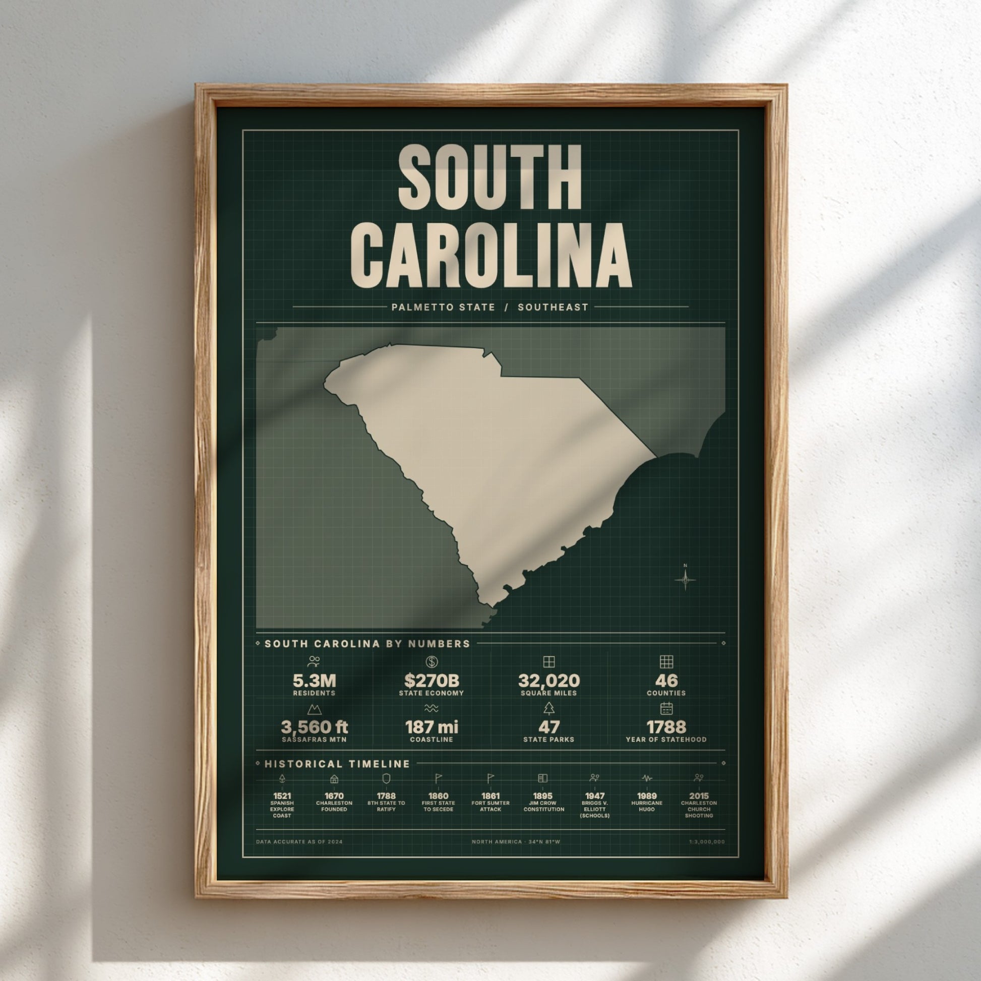 Framed map of South Carolina on a wall with sunlight casting shadows.