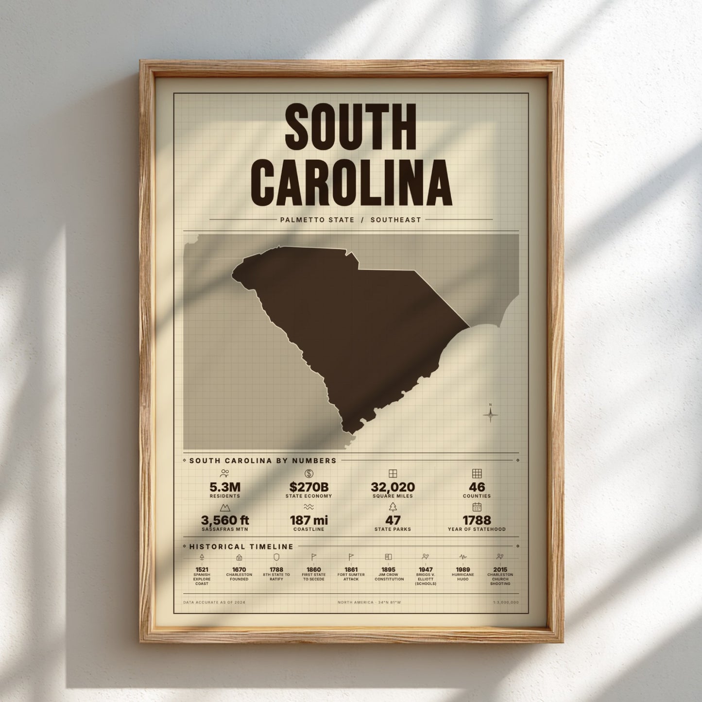 Framed poster of South Carolina with state outline and statistics on a light background