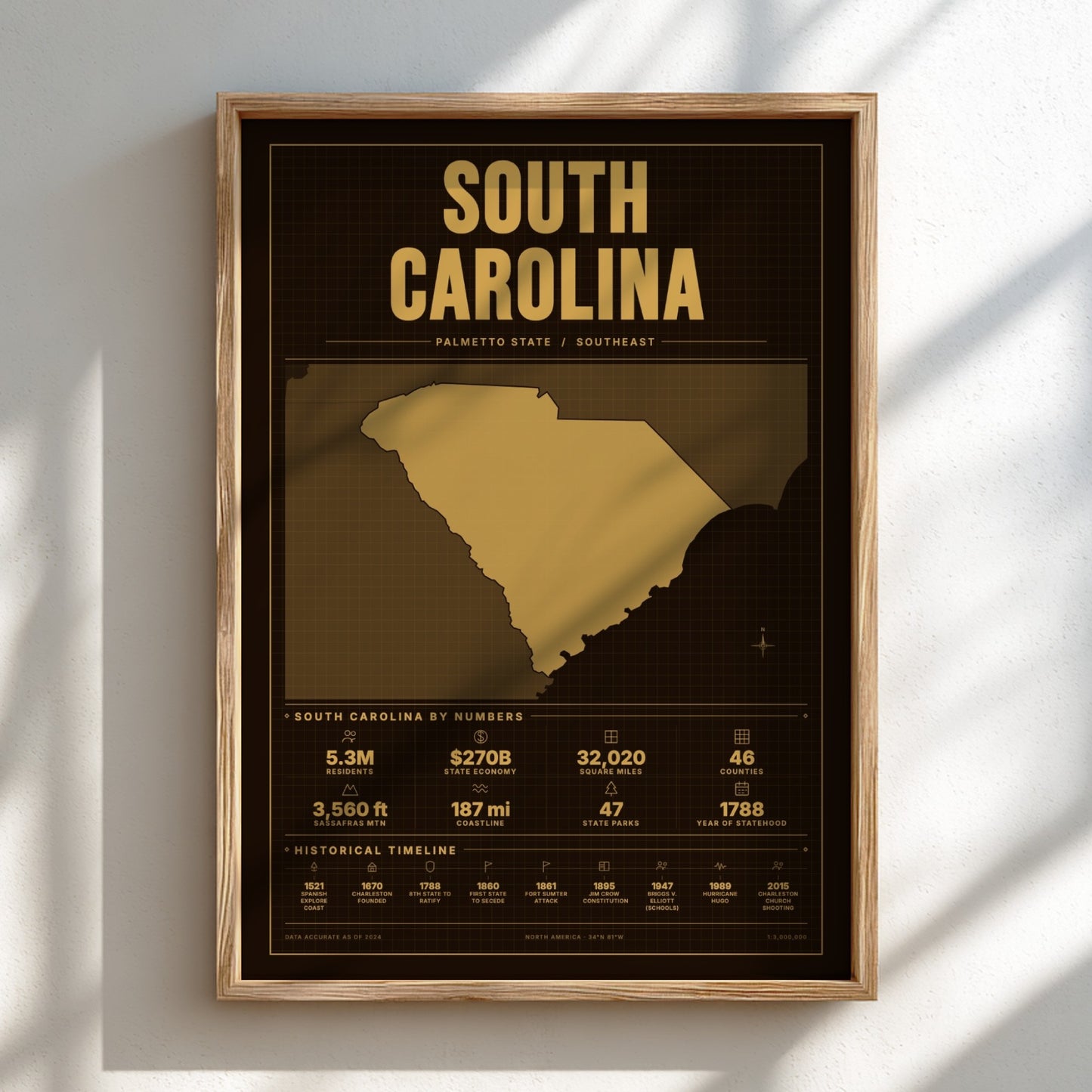 Framed map of South Carolina with gold and black design on a white wall.