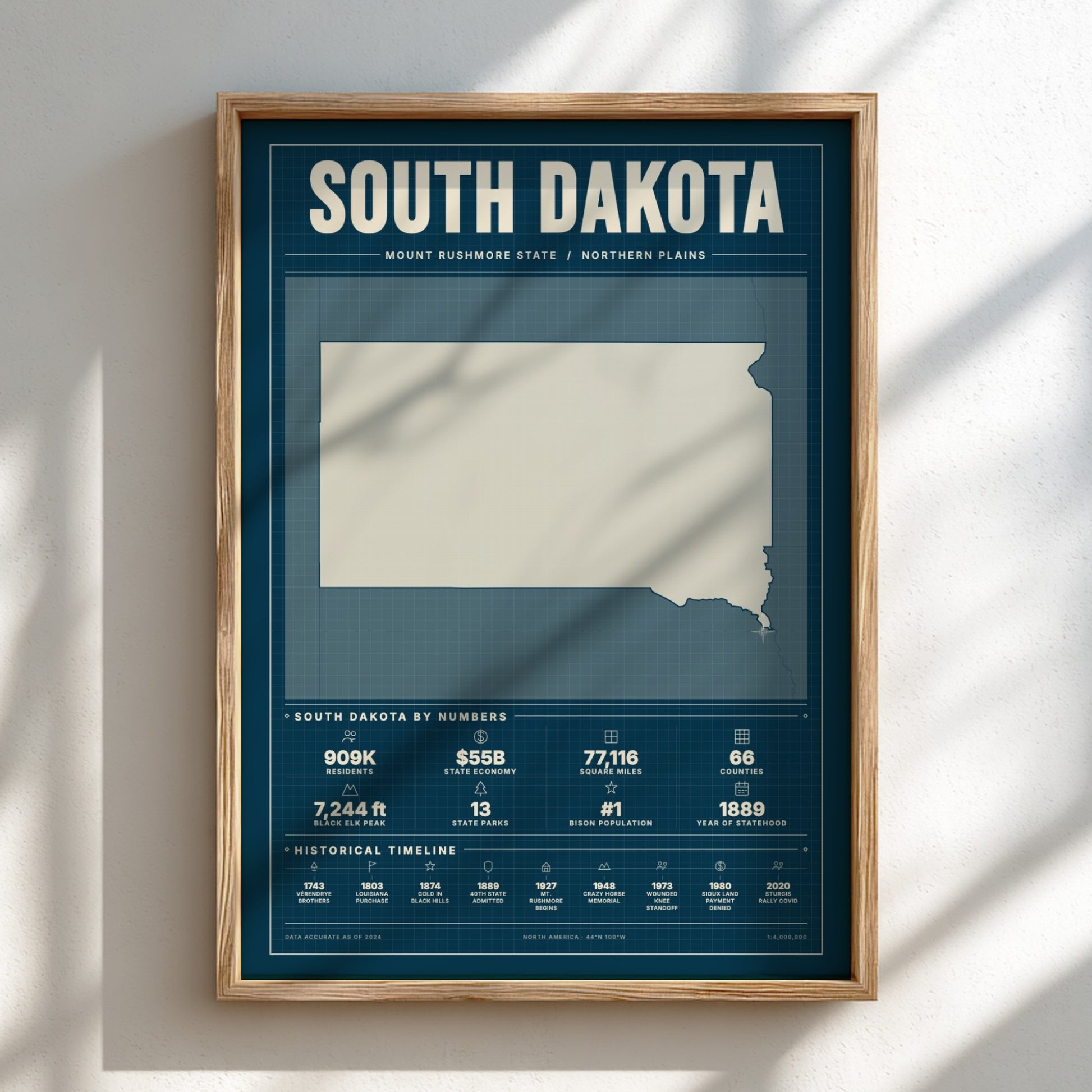 Framed map of South Dakota on a white wall