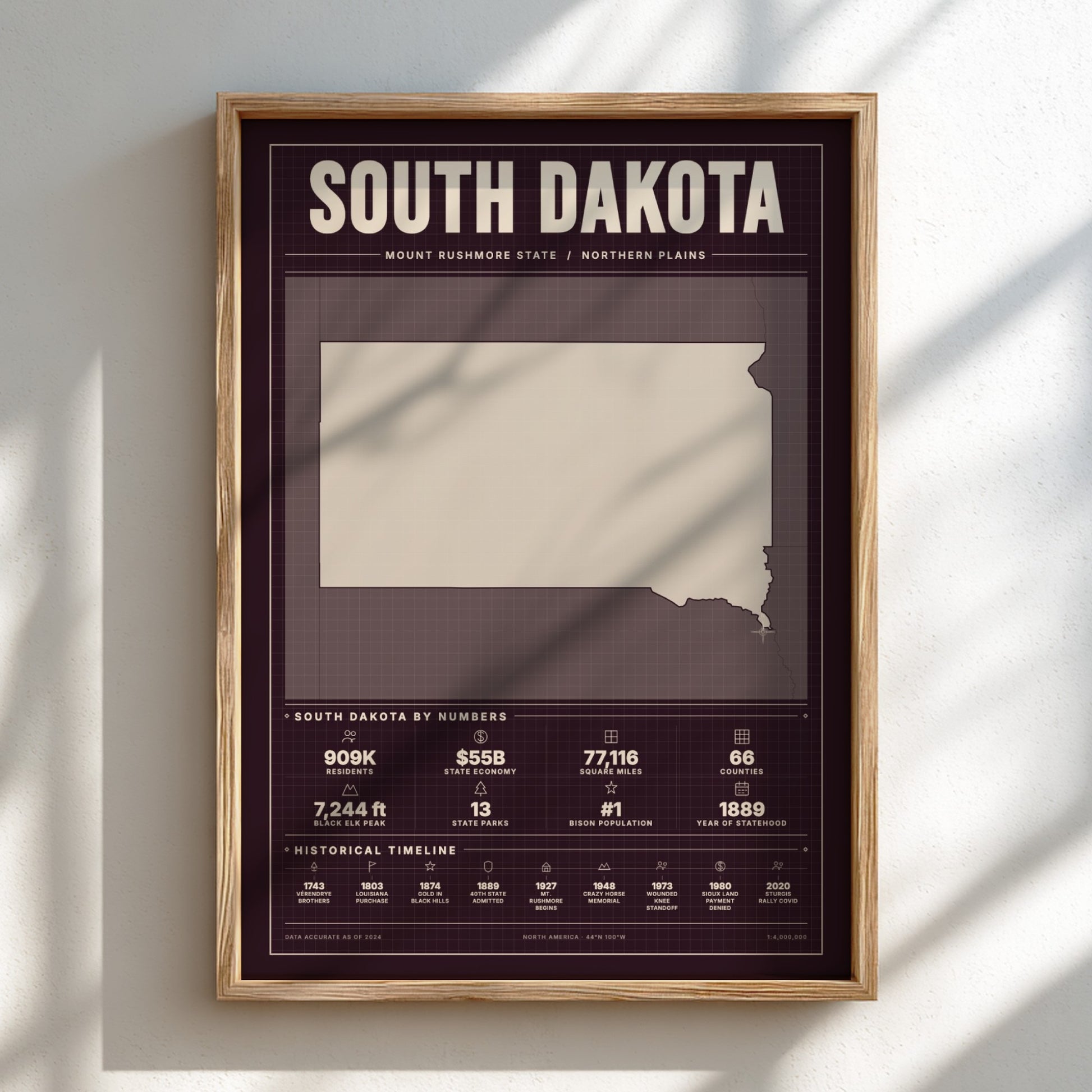 Framed map of South Dakota with statistical information on a white wall.
