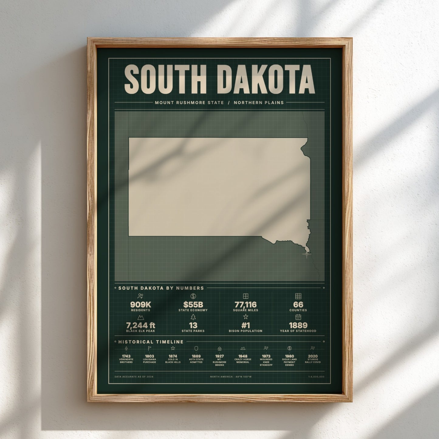 Framed map of South Dakota on a light background