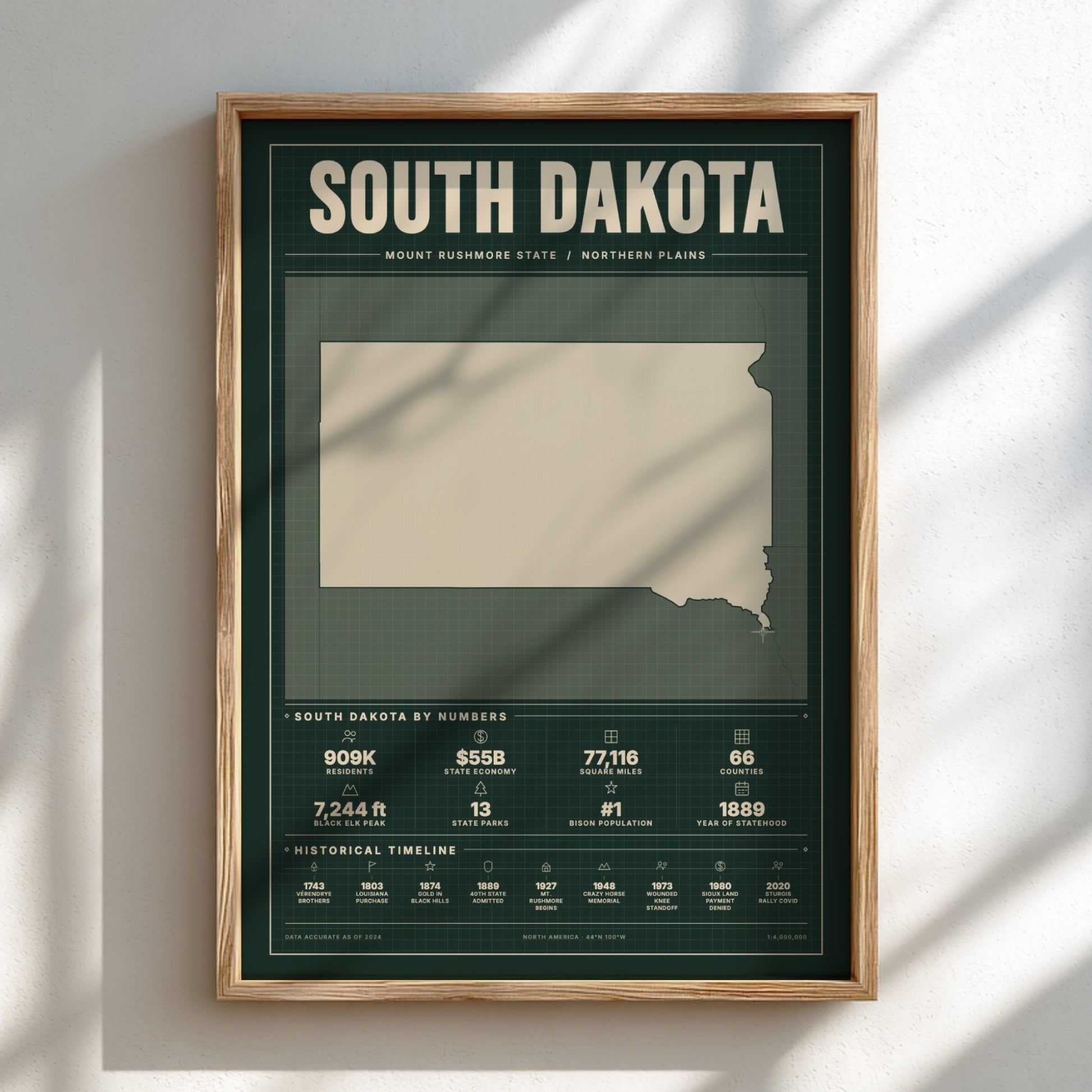 Framed map of South Dakota on a light background