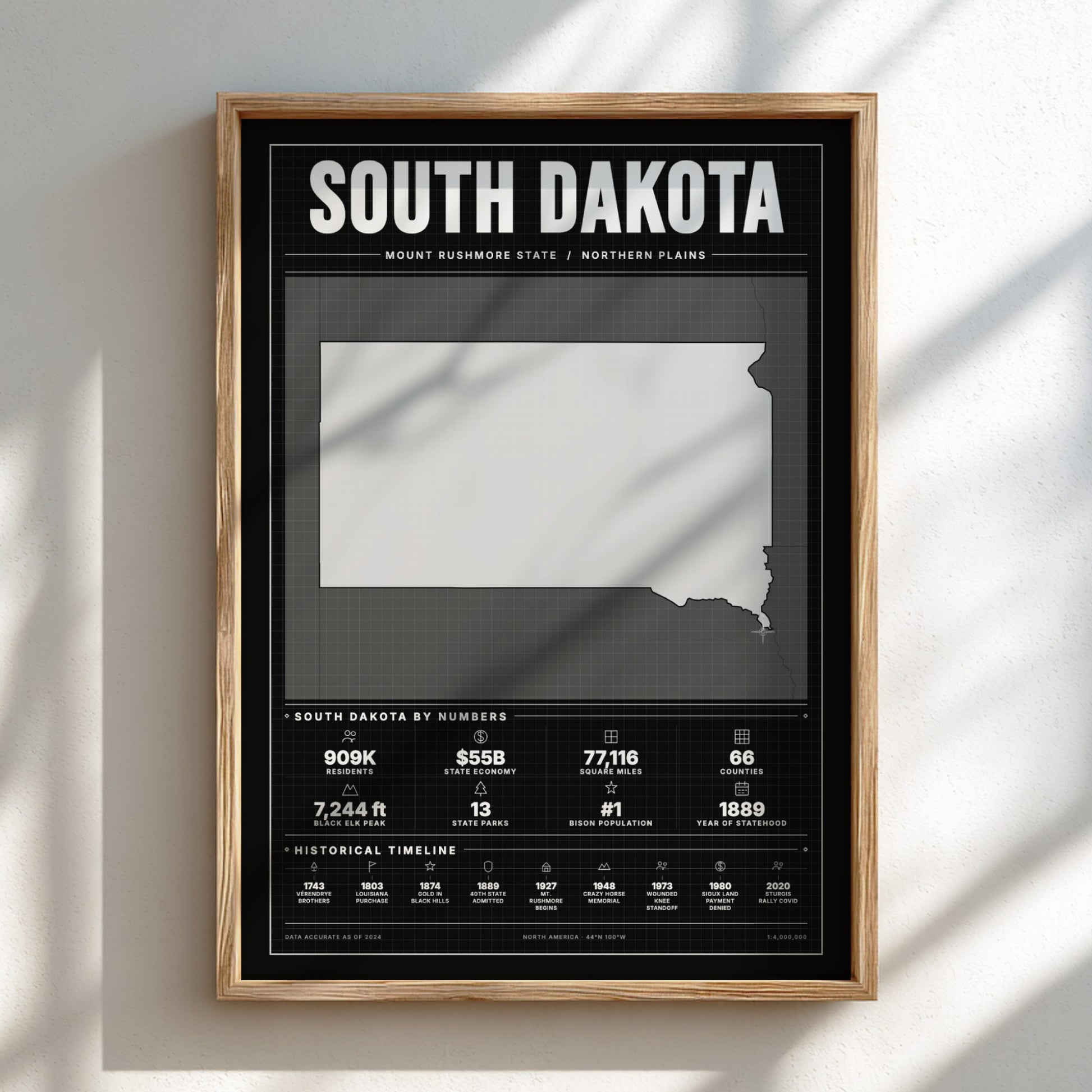 Framed map of South Dakota with statistical information on a light background