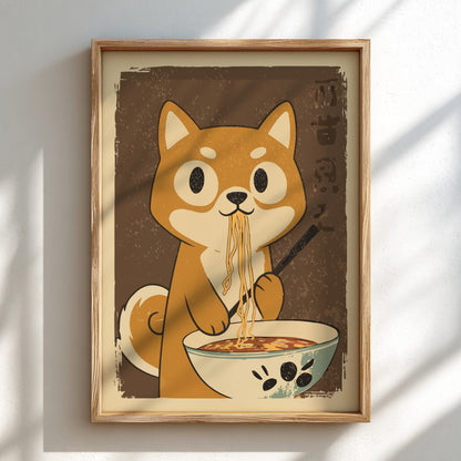 A framed art print featuring a cute cartoon shiba inu character eating ramen noodles from a bowl, displayed on a light wall with soft diagonal shadows.