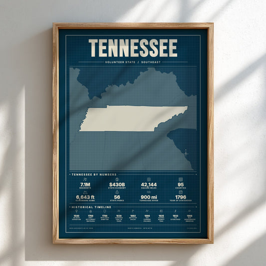 Framed map of Tennessee on a white wall