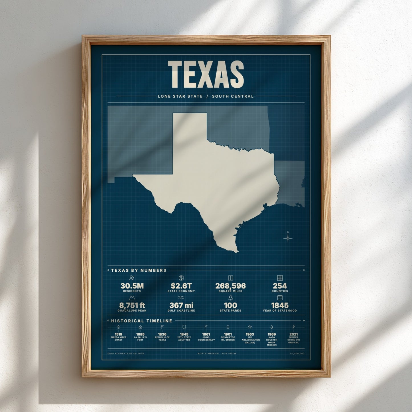 Framed map of Texas on a white wall with sunlight casting shadows.