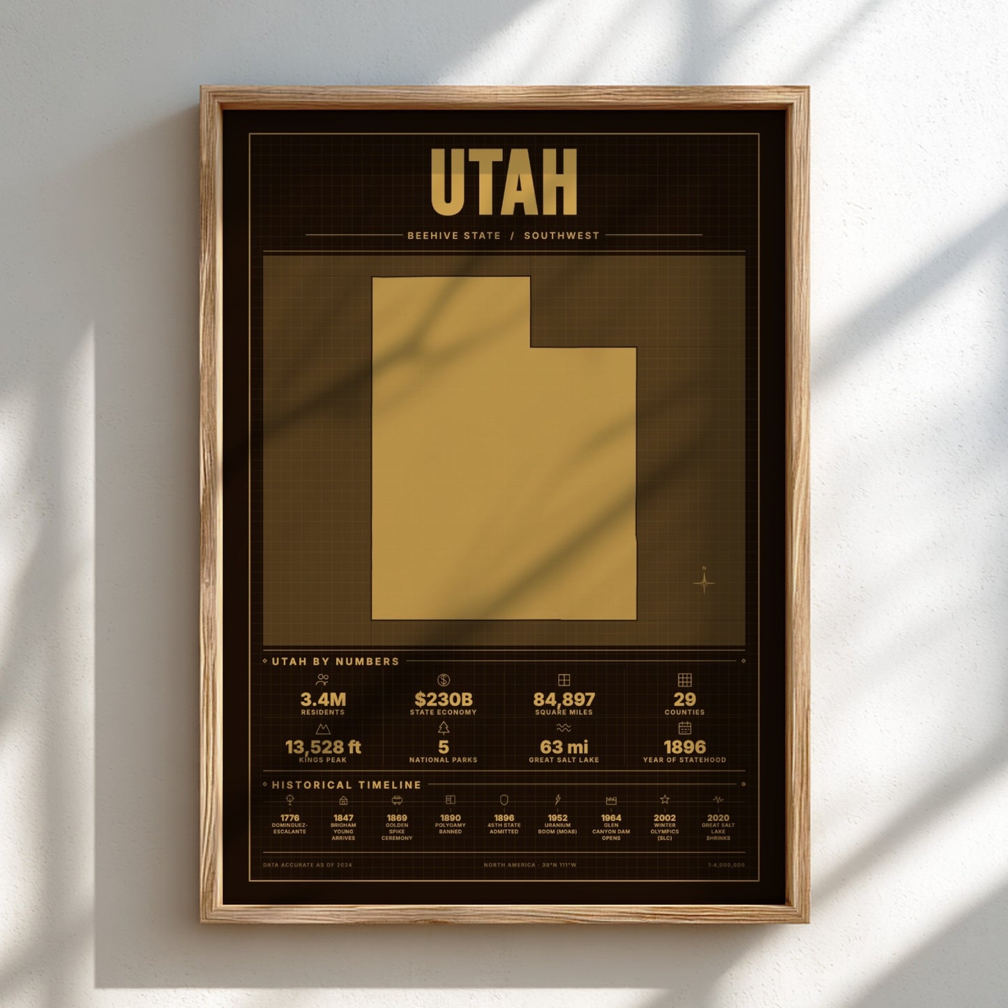 Framed poster of Utah with gold and black design on a white wall.