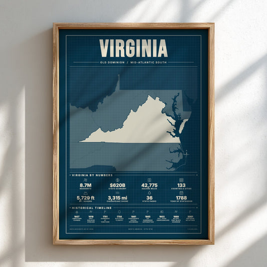 Framed map of Virginia with statistical information on a white wall.