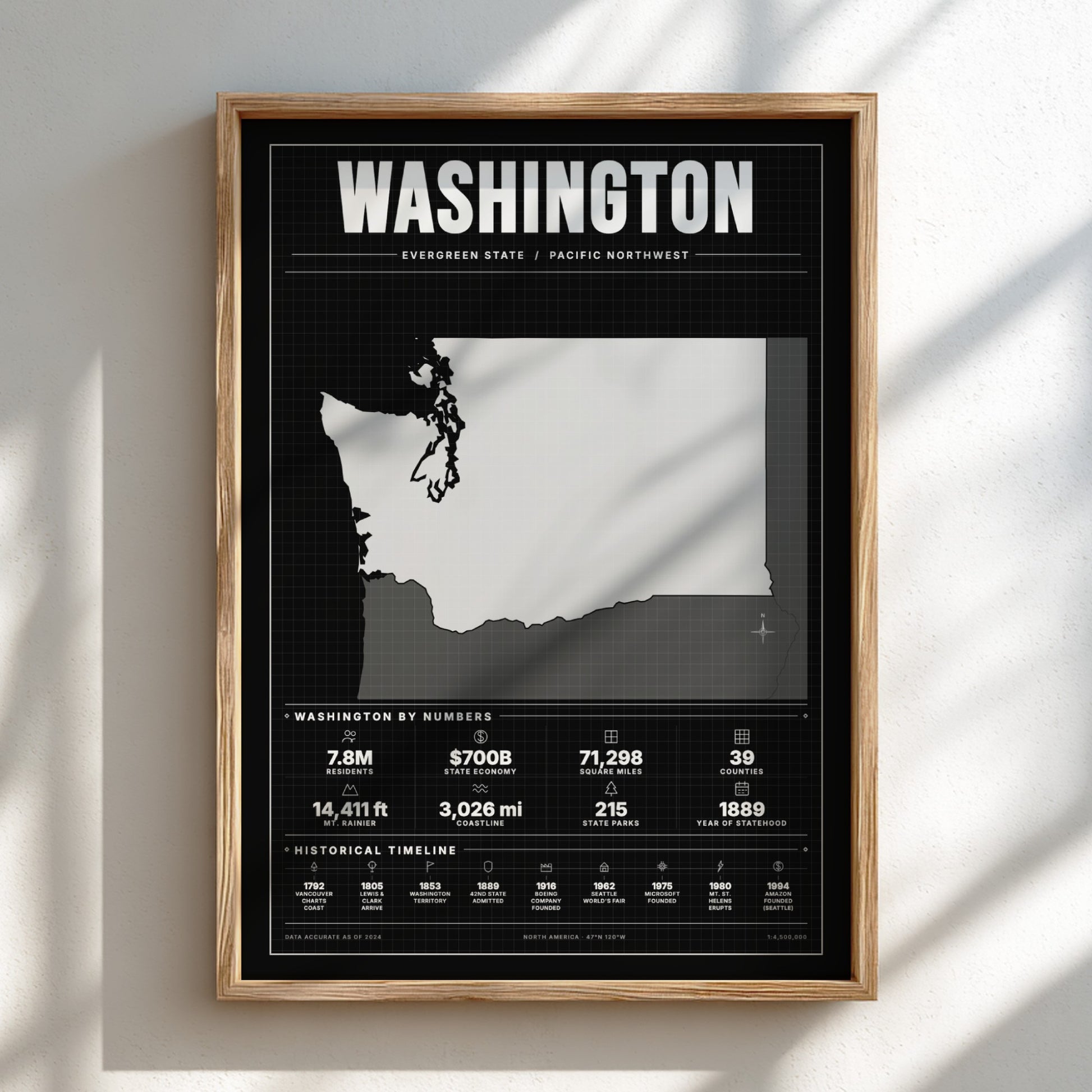 Framed poster of Washington state with black background and white text