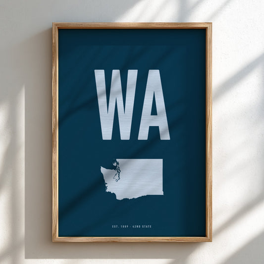 Framed poster with 'WA' and a map of Washington state on a blue background