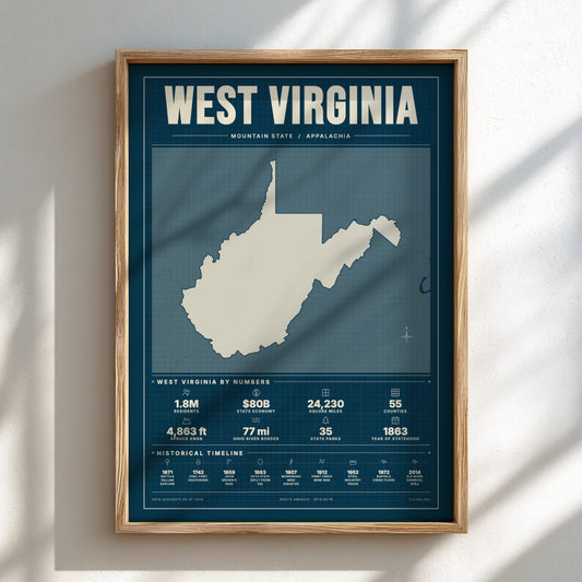 Framed map of West Virginia on a light background