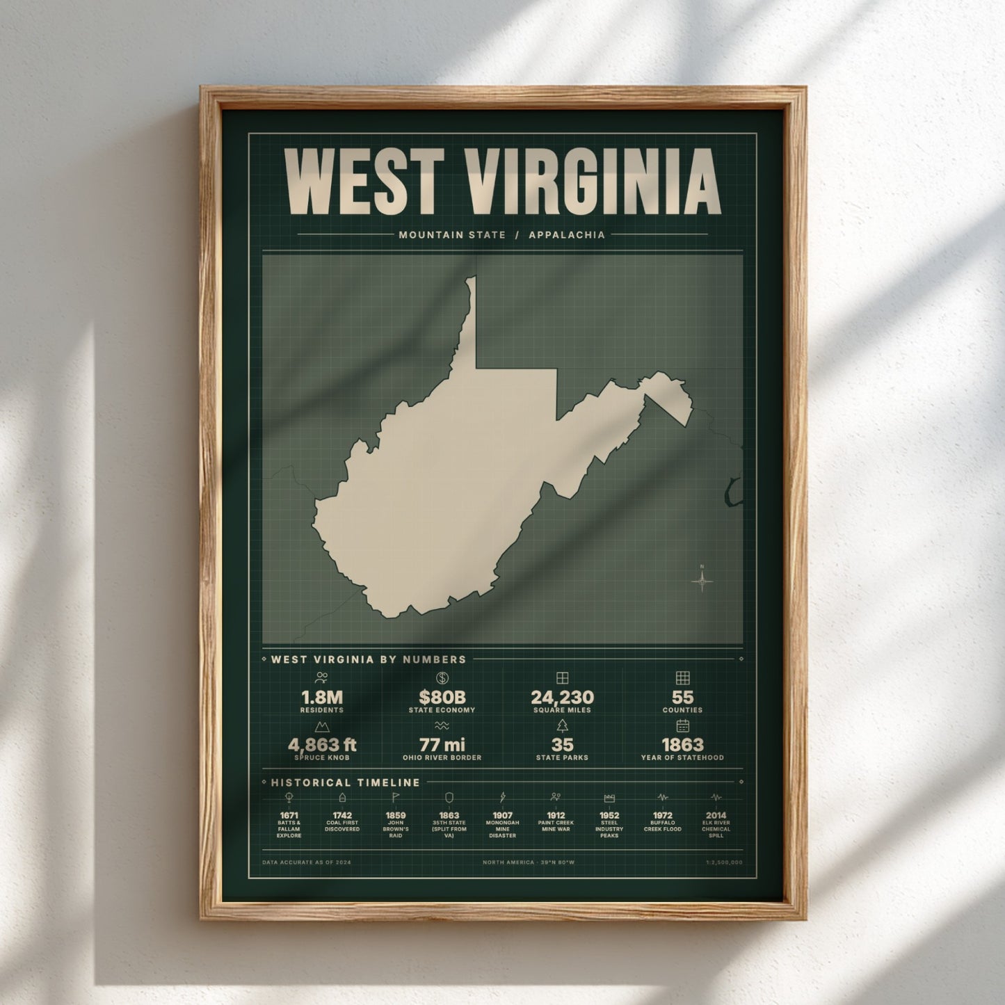 Framed map of West Virginia on a light background