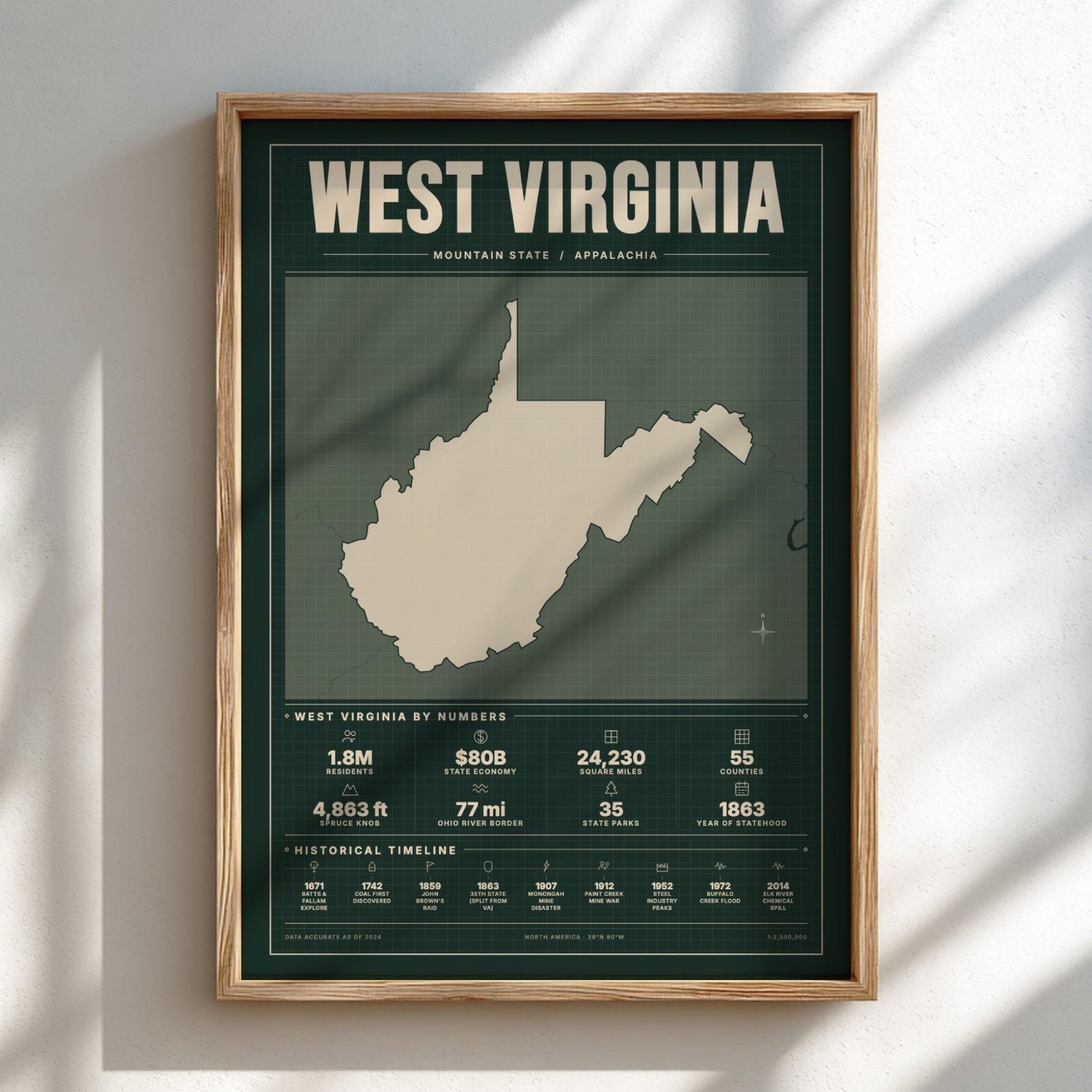 Framed map of West Virginia on a light background