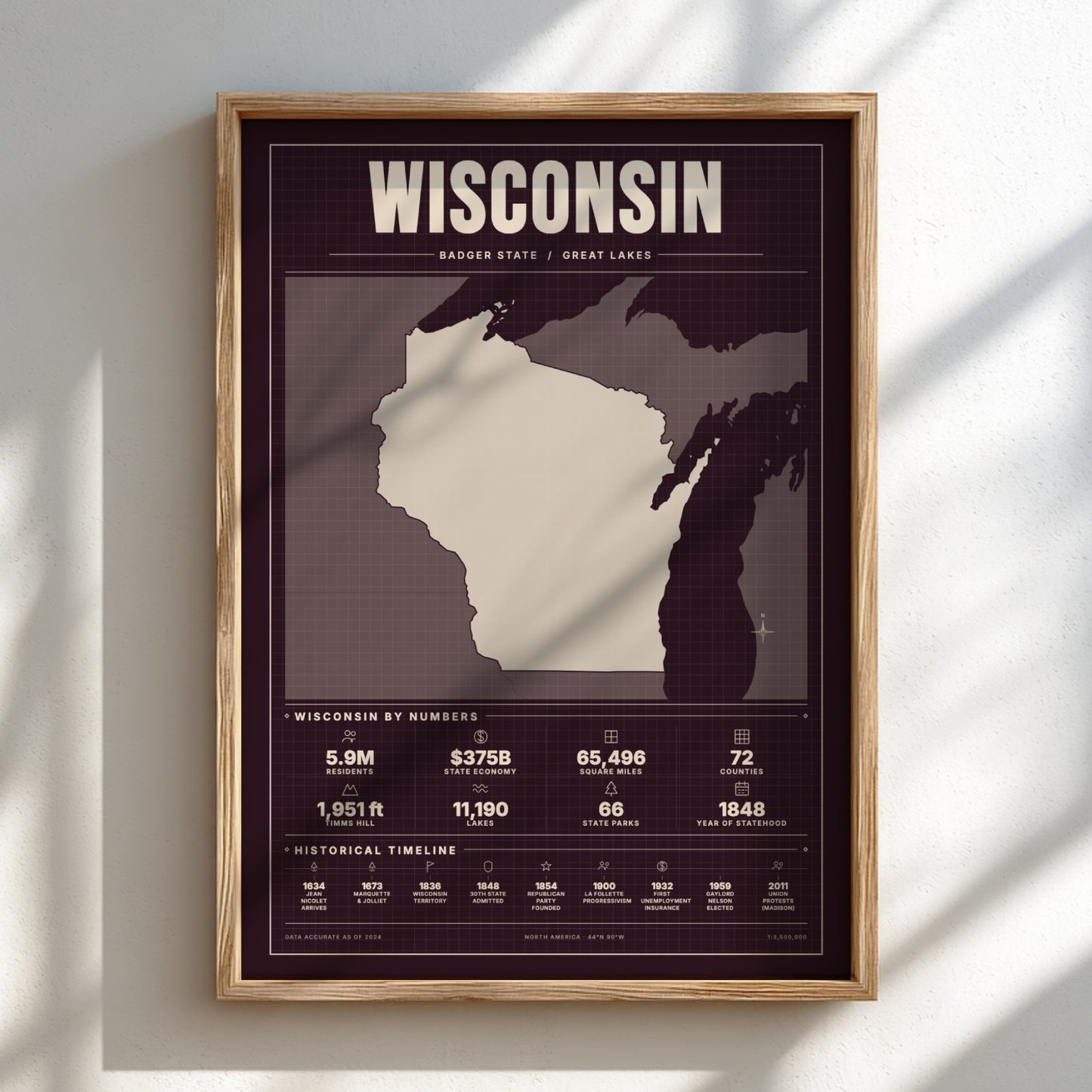 Framed map of Wisconsin on a light background