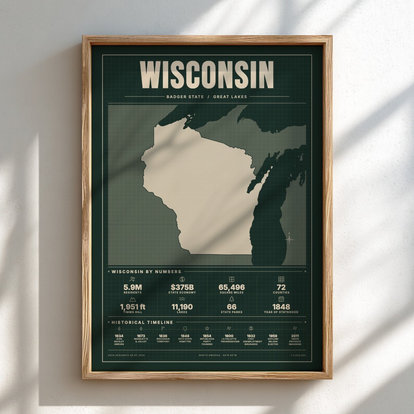 Framed map of Wisconsin on a light background