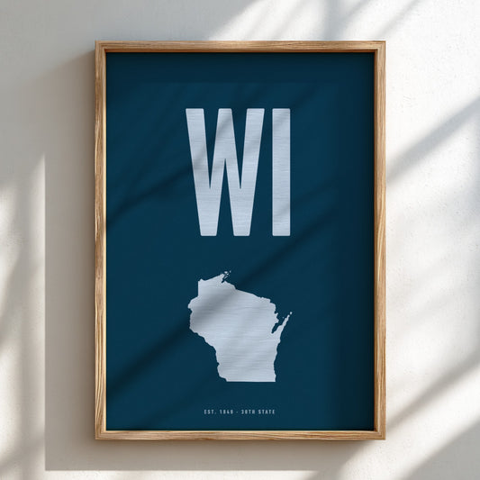Framed poster of Wisconsin with 'WI' on a blue background