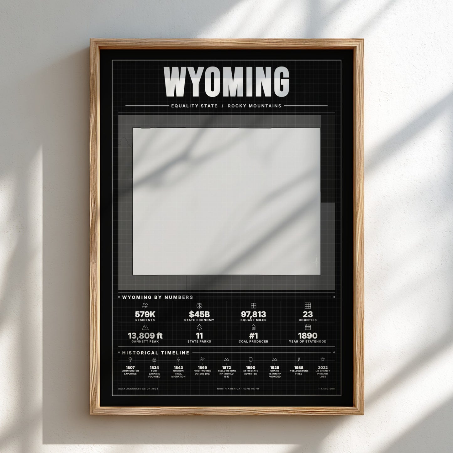 Framed poster about Wyoming with a black background and white text on a light wall.