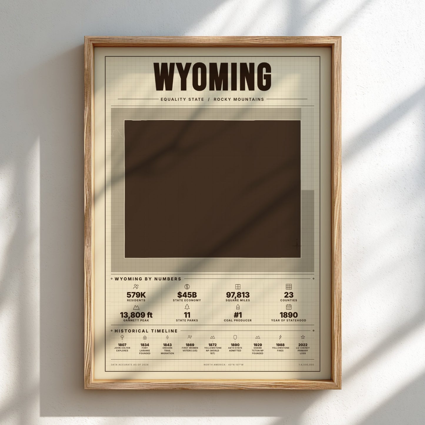 Framed poster about Wyoming with a wooden frame on a light background