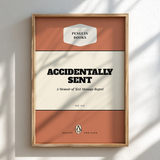 Framed book cover of 'Accidentally Sent' by Penguin Books on a light background